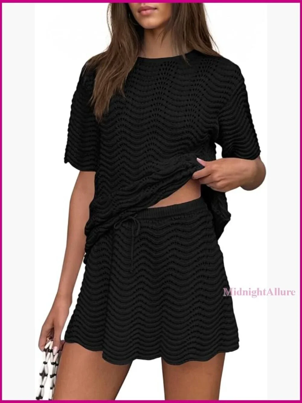 Crochet Knit Swimsuit Coverup 2-Piece Set Tunic Top Mini Skirt Beachwear